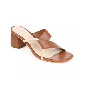 Journee Signature   Leather Jossette Slip On Block Heel Open Square Toe Sandals